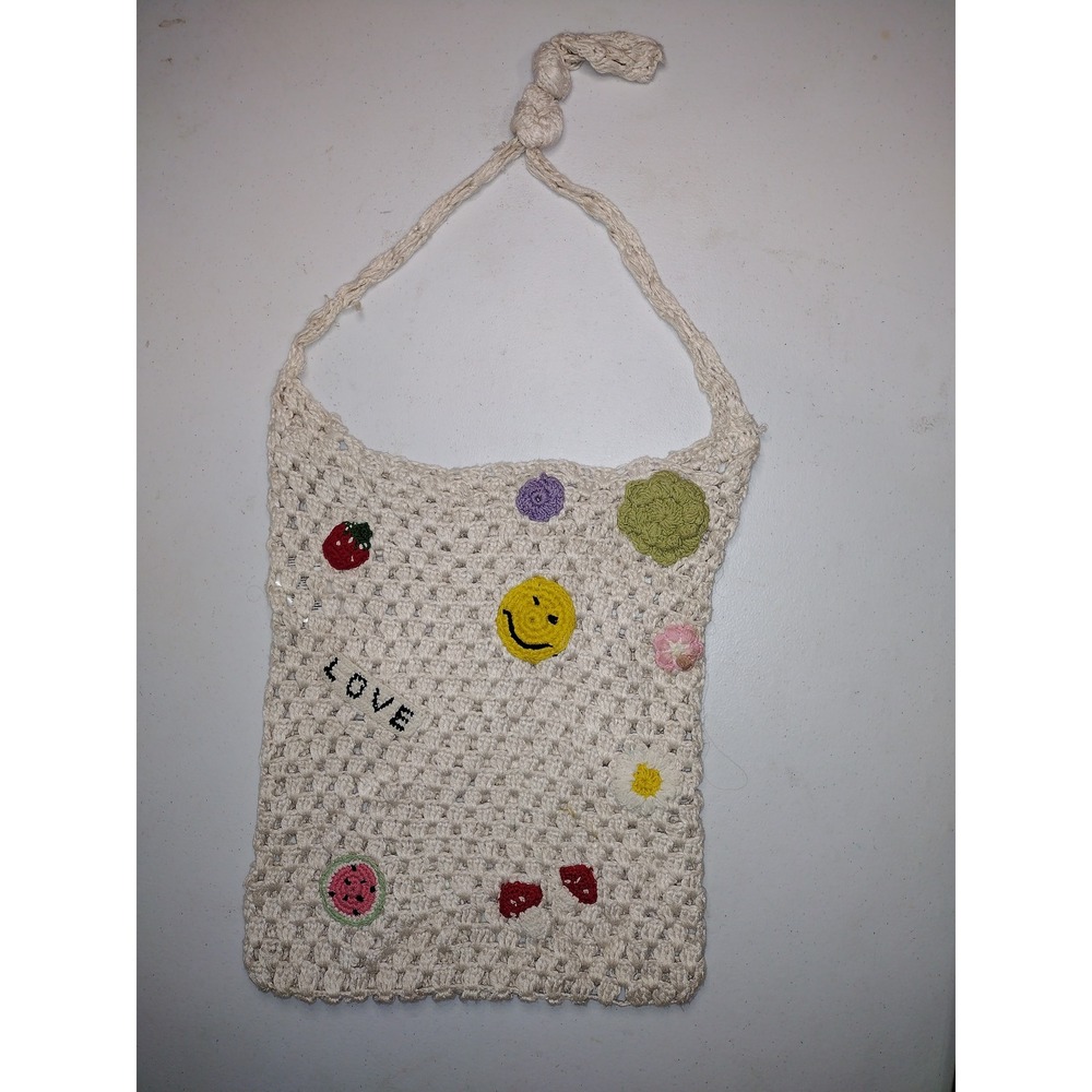 Handmade Crochet Boho Tote Bag Cream‎ Smiley Face Strawberry Mushroom Love 15x12